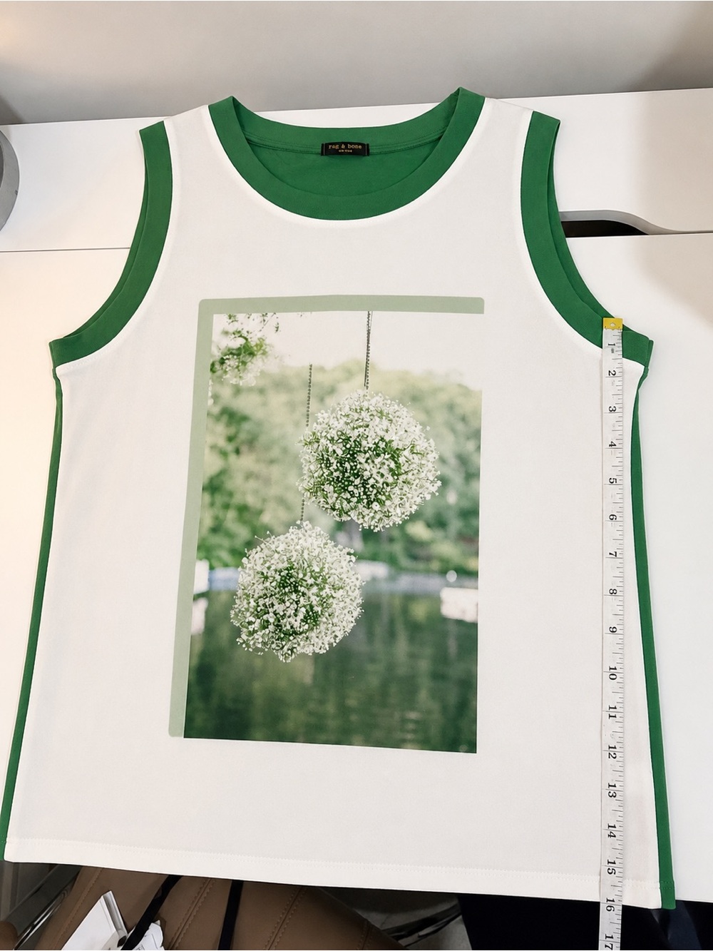 Women's White Tank Top with Green Trim and Floral Photo Print